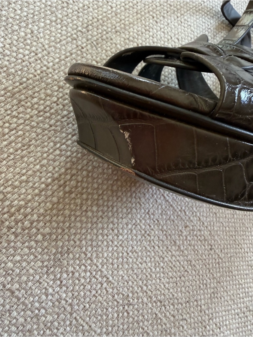 Saint Laurent Croc-Embossed Gray T-Strap Platform Sandals - Picture 6 of 6